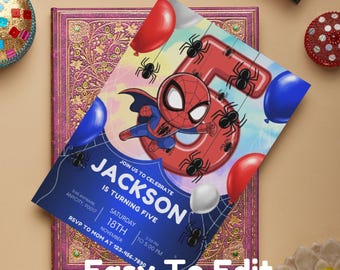 Editable 5th Spidey  blue-theme Birthday Invitation, Spidey Kids Birthday Invitation, Amazing Friends 2nd Birthday Party, Superhero Bday