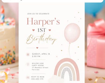 Rainbow First Birthday Invitation Template | Pastel Watercolor First Birthday Canva Printable | Editable Digital Girl Party Invite