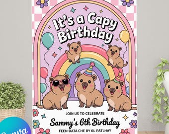 Capybara 8th Birthday Invitation Template | Kawaii Animal Birthday Invitation Girl | Editable Canva Instant Download Printable Digital