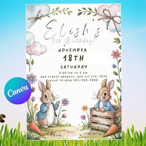 Puede incluir: Una invitación de cumpleaños caprichosa con dos conejos de dibujos animados, zanahorias y detalles florales. La invitación incluye el texto "Elish's 5th Birthday!" con la fecha, hora e información de RSVP. El logotipo de Canva es visible.