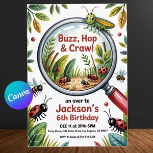 Könnte beinhalten: Eine farbenfrohe Geburtstagseinladung mit einem Lupen-Design. Der Text lautet "Buzz, Hop & Crawl" und "Jacksons 6. Geburtstag". Die Einladung zeigt Illustrationen von Insekten, darunter Marienkäfer, Bienen und eine Heuschrecke, mit grünen und roten Akzenten.