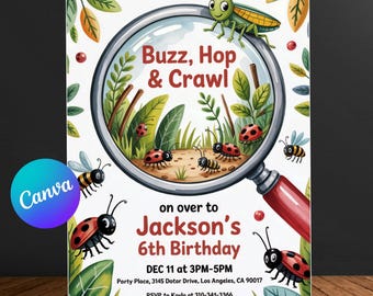 Plantilla de invitación de cumpleaños con temática de insectos: invitación editable para fiesta de naturaleza (descarga digital)