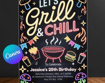 Plantilla editable de invitación de cumpleaños con temática de barbacoa: Fiesta de parrillada y relax (5 x 7 pulgadas, plantilla de Canva, descarga digital)