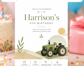 Tractor Birthday Invitation Template | Green Farm Tractor Birthday Canva Printable | Editable Watercolor Barnyard Digital Boys Party Invite