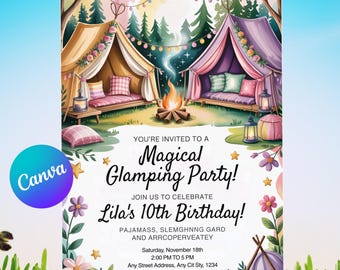 Glamping Birthday Invitation, Boho Sleepover Party Invite for Girls, Watercolor Campout Template, Instant Download