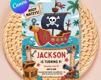 Pirate Birthday Invitation for Boy | Ahoy Matey Party | Captain Jackson Turns 5 | Editable Pirate Ship Invite