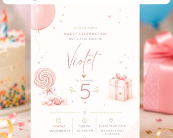 Candy 5th Birthday Invitation Template | Bunny Lollipop Birthday Invitation Canva Printable | Editable Watercolor Digital Girl Party Invite