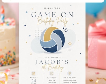 Volleyball 5th Birthday Invitation Template | Sports Birthday Invitation Canva Printable | Editable Blue Yellow Digital Boys Party Invite