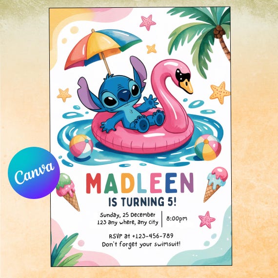 Stitch Pool Party Birthday Invitation for girl, Summer Beach Birthday, Editable Stitch and Angel Pool Invitation, CA12548752