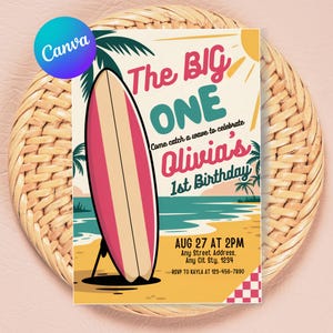 Retro Surf Birthday Invitation Girl 1st Birthday Beach Party Printable Card Digital Download