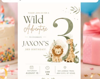 Safari 3rd Birthday Invitation Template | Jungle Animal Birthday Invitation Canva Printable | Editable Watercolor Zoo Digital Boys Party