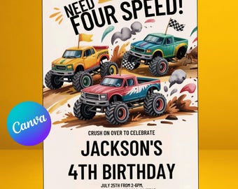 Verjaardagsuitnodiging Monster Truck, thema vier snelheden nodig, afdrukbare uitnodiging voor jongensfeestje