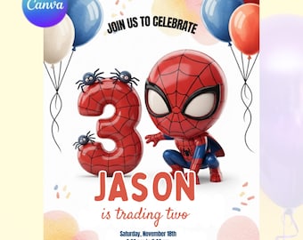 3rd Spidey Birthday Invitation Canva | Superhero Party Invite Editable Download