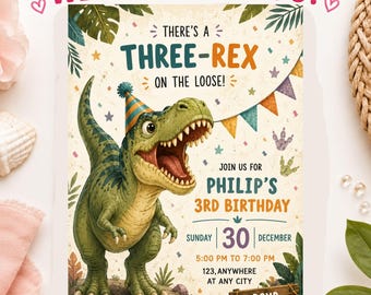 Dinosaur Third Birthday Invitation Template | Three Rex Dino Party Invite | for Boys