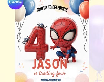 4th Spidey Birthday Invitation Canva | Superhero Party Invite Editable Download
