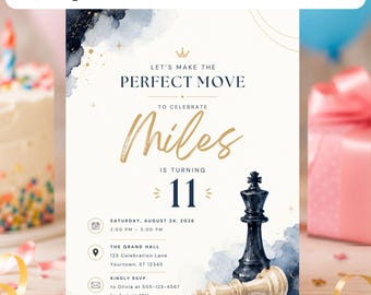 Chess 11th Birthday Invitation Template | Checkmate Birthday Invitation Canva Printable | Editable Watercolor Digital Kids Party Invite