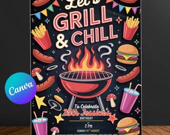Editable birthday invitation: Barbeque invite -Easy to edit on canva - for men