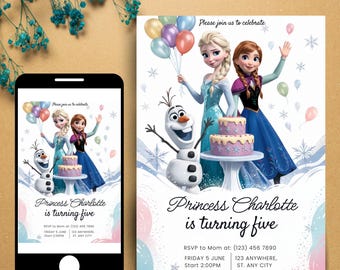 Girl's Frozen Summer Birthday Party Invitation - Princess Elsa Anna Olaf Invite - Pool Party Decor