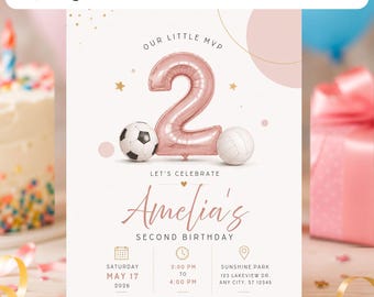 Sports 2nd Birthday Invitation Template | Little MVP Girl Birthday Invitation Canva Printable | Editable Multi Sport Digital Party Invite