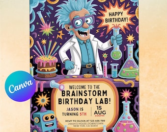 Brainstorm Birthday Lab&quot; Invitation Template – 5th Birthday Party – Science Theme – Editable & Printable