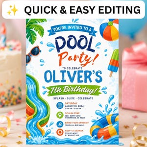 May include: A pool party invitation for Oliver's 7th birthday featuring a blue water slide, a colourful beach ball, a popsicle, and sunglasses. The text includes the date 10 August 2024, the location Splash Zone, and RSVP details for Amanda.
