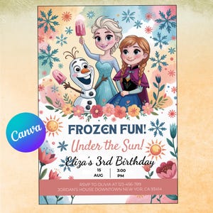 May include: A colorful invitation with the text "FROZEN FUN!" and "Under the Sun!" features illustrations of Elsa, Anna, and Olaf. The invitation is for Eliza's 3rd birthday, with the date and time displayed.
