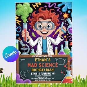 May include: A colorful invitation for a science-themed birthday party. The illustration features a cartoon scientist with goggles, test tubes, and beakers. The text reads "Ethan's Mad Science Birthday Bash!" with party details.