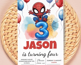 Bewerkbare aquarel uitnodiging voor verjaardagsfeestje Spidey en zijn geweldige vrienden | Canva-sjabloon voor superheldverjaardagsuitnodiging | Direct downloaden