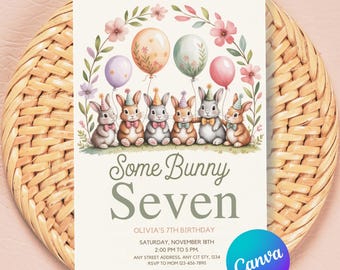 Woodland Bunny Birthday Invitation Template | Watercolor Rabbit Birthday Party Invite Girl | Editable Canva Instant Download