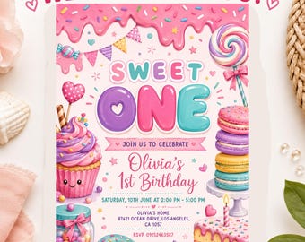 Sweet One Birthday Mobile Phone Invitation Template | Candy Land Birthday Evite for Girls