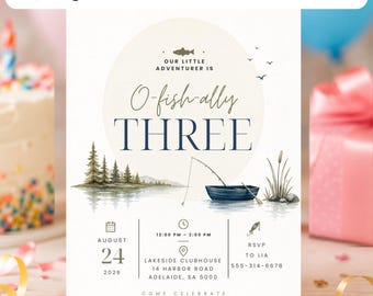 Fishing 3rd Birthday Invitation Template | O-Fish-Ally Three Birthday Canva Printable | Editable Digital Boys Fishing Party Invite