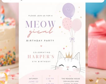 Cat 5th Birthday Invitation Template | Purr-fect Kitty Birthday Invitation Canva Printable | Editable Watercolor Digital Girl Party Invite