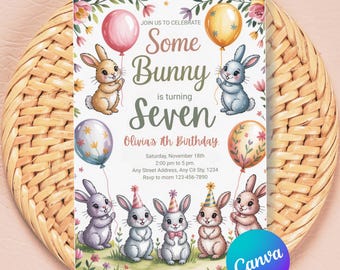 Watercolor Bunny Birthday Invitation Girl: Spring Woodland Theme (Digital Card Template 5x7" )
