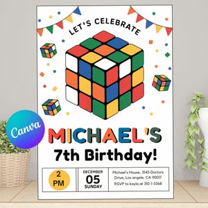 Op de afbeelding: Een kleurrijke verjaardagsuitnodiging met een Rubik's Cube-ontwerp. De tekst luidt "LET'S CELEBRATE" en "MICHAEL'S 7th Birthday!". Bevat datum, tijd en locatiegegevens. Het ontwerp is feestelijk.