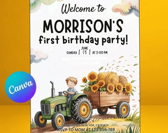 Green Tractor Birthday Invitation Template: Farm Theme Party (Printable Download, 5x7 in