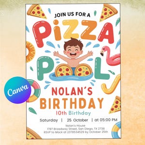 Editable Pizza Pool Party Invitation, Pizza Pool Party Birthday, Boy Pool Party, Pizza Swimming Party, CA65487514