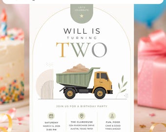 Dump Truck 2nd Birthday Invitation Template | Construction Birthday Invitation Canva Printable | Editable Digital Boys Truck Party Invite