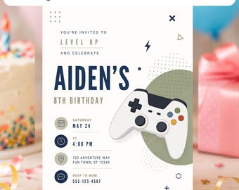 Video Game 8th Birthday Invitation Template | Level 8 Unlocked Gamer Birthday Canva Printable | Editable Controller Digital Boys Party