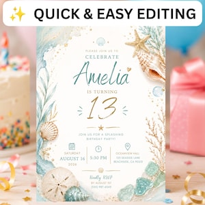 Puede incluir: Una tarjeta de invitación de cumpleaños con ilustraciones en acuarela de conchas, estrellas de mar y vidrio marino. El texto dice: Please join us to celebrate Amelia is turning 13, Saturday August 16 2026, 5:30 PM, Oceanview Hall 123 Seaside Lane Beachside, CA 90210.