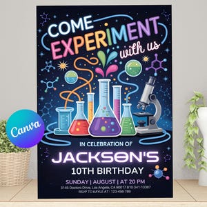 May include: A colorful invitation for Jackson's 10th birthday party. The design features laboratory equipment, including beakers, flasks, and a microscope, with the words "Come Experiment with us." The invitation includes the date, time, and RSVP information.