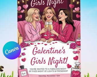 Galentine’s Girls Night Invitation, Pink Pajama Party Invite, Valentine’s Day Printable, Instant Download