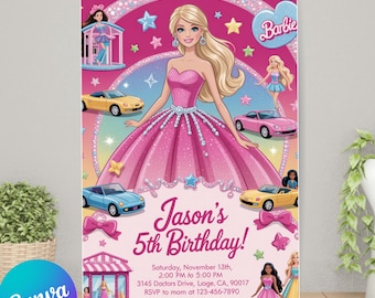 Barbie Theme Birthday Invitation Editable Template for Girls Party – Pink Glam Custom Invite Card