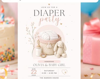 Diaper Party Invitation Template | Baby Girl Diapers and Wipes Shower Canva Printable | Editable Floral Digital Baby Party Invite