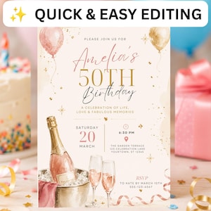 Puede incluir: Una tarjeta de invitación de cumpleaños con una botella de champán en una cubitera, dos copas llenas y globos. El texto incluye: Amelia's 50th Birthday, A Celebration of Life, Love & Fabulous Memories, Saturday 20 March, 6:30 PM, The Garden Terrace, 123 Celebration Lane, Yourtown, ST 12345, RSVP to Kate by March 10th, 555-123-4567.