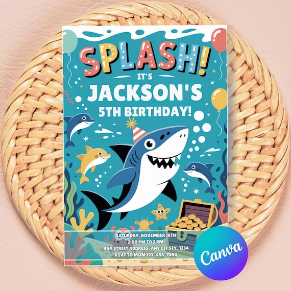 Shark 5th Birthday Invite | Ocean Party Printable | Editable Kids Template