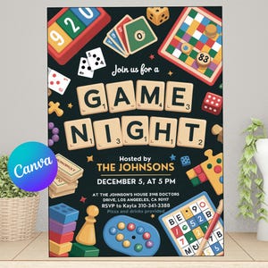 Invitación de cumpleaños para una noche de juegos: Plantilla editable para fiesta de juegos de mesa (5x7, Canva, descarga digital)