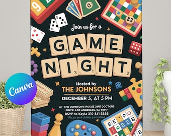 Invitación de cumpleaños para una noche de juegos: Plantilla editable para fiesta de juegos de mesa (5x7, Canva, descarga digital)