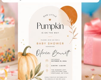 Little Pumpkin Baby Shower Invitation Template | Watercolor Fall Baby Shower Canva Printable | Editable Gender Neutral Digital Invite