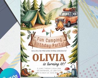 Kids Camping Birthday Invitation Template | Adventure Forest Birthday Party Invite | Editable Canva Instant Download Printable Digital