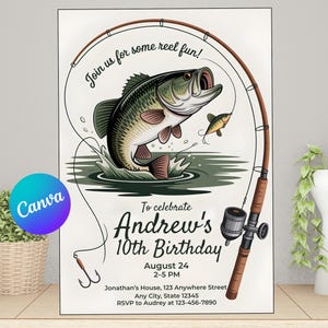 May include: An invitation for Andrew's 10th birthday, featuring a large fish jumping out of water with a fishing rod. The text reads "Join us for some reel fun!" and includes party details.